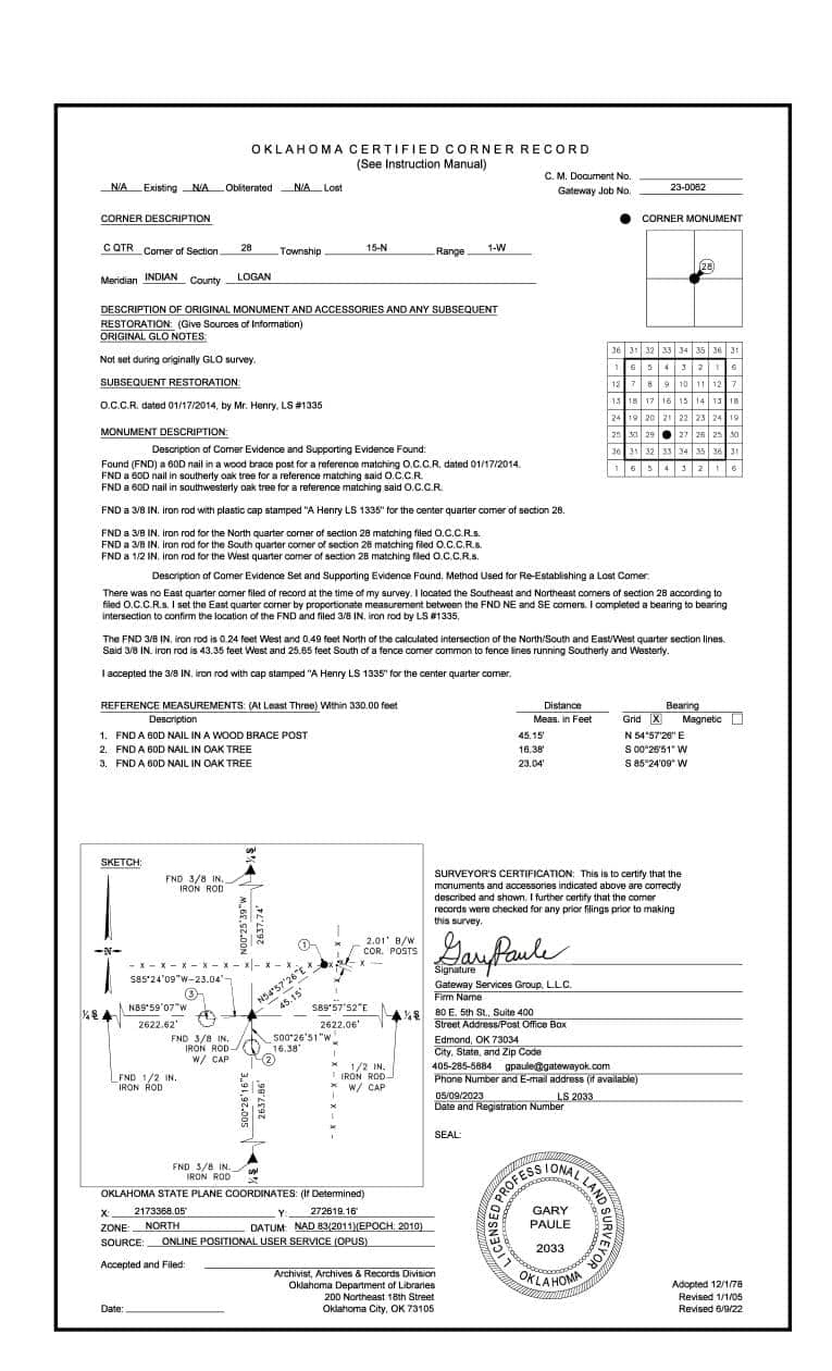 Oklahoma Certified Corner Record, OCCR, CCR